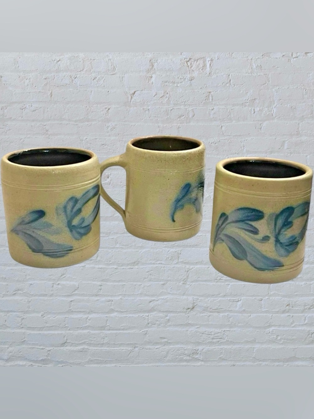 Wisconsin Pottery Salt Glazed Mug Stein Cobalt Blue Leaf Tavern (Set of 3)